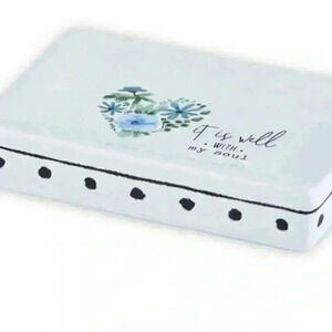 It Is Well With My Soul White Ceramic Soap Dish W/ Blue Flowers & Black Accents